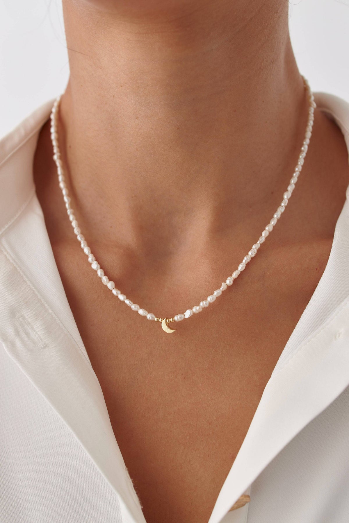 Moon and Freshwater Pearl Necklace – 925K Sterling Silver with 18K Gold-Plating