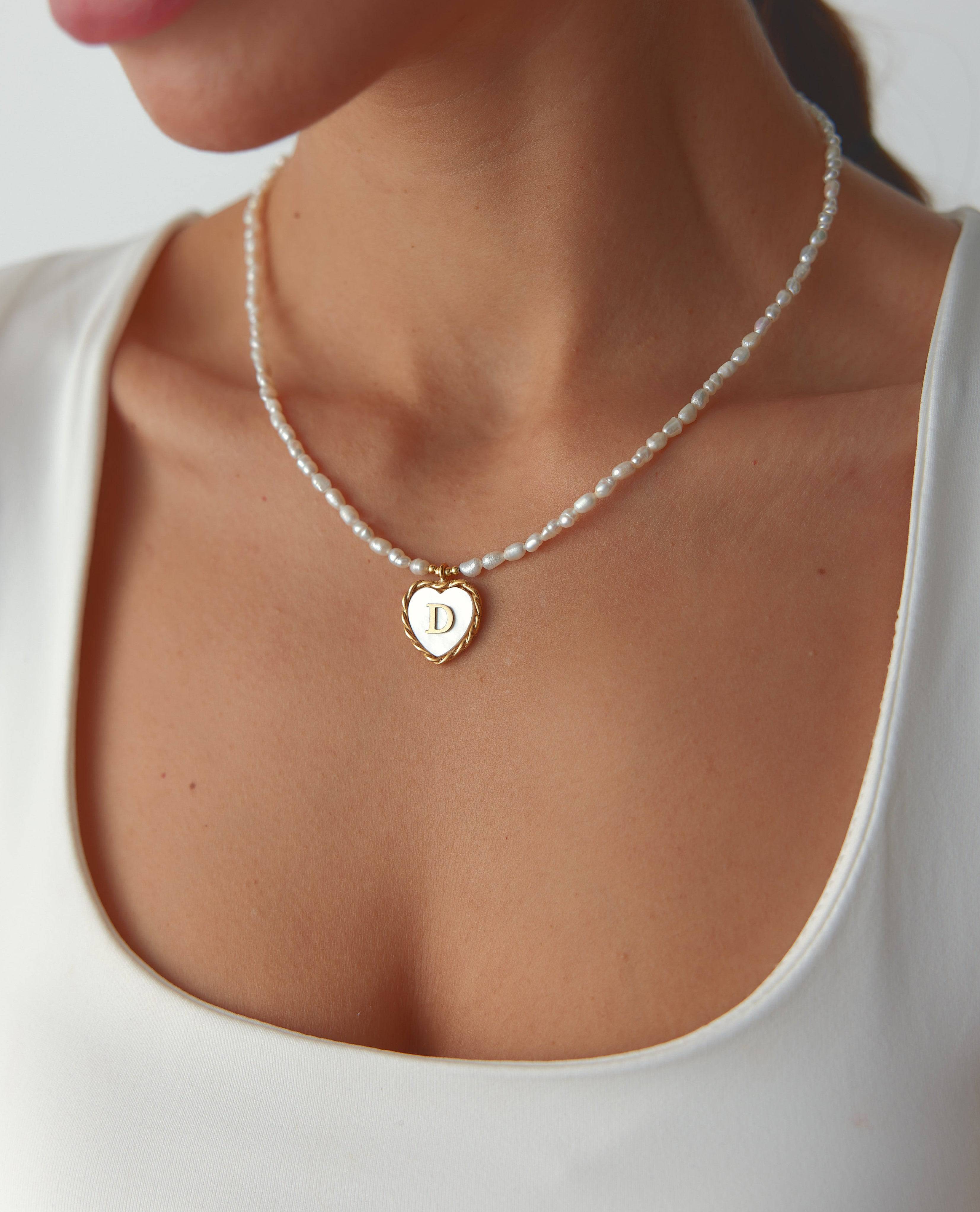 Mother of Pearl Heart Pendant Initial Necklace with Pearl Beaded, 18K Gold-Plated Sterling Silver