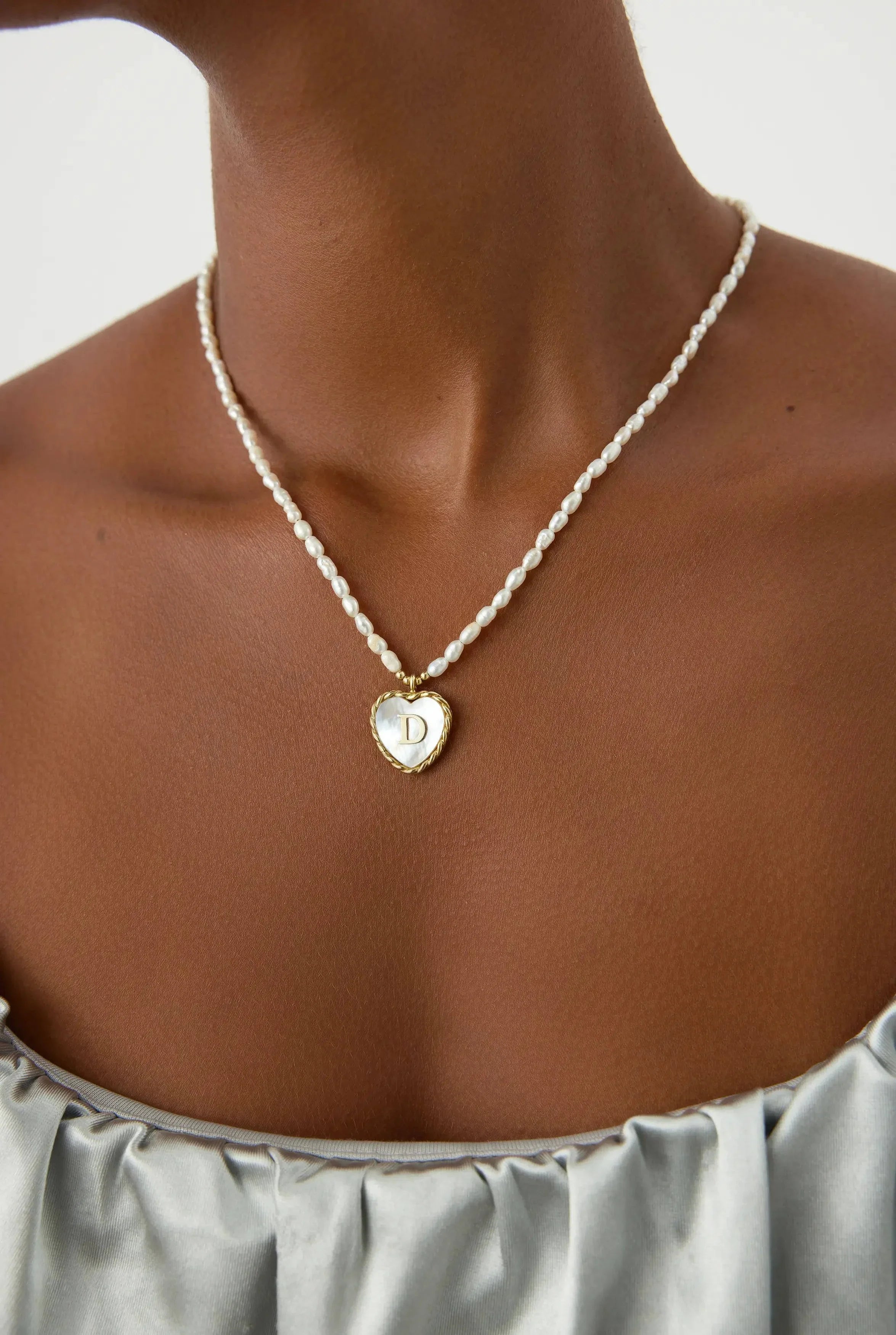 Mother of Pearl Heart Pendant Initial Necklace with Pearl Beaded, 18K Gold-Plated Sterling Silver