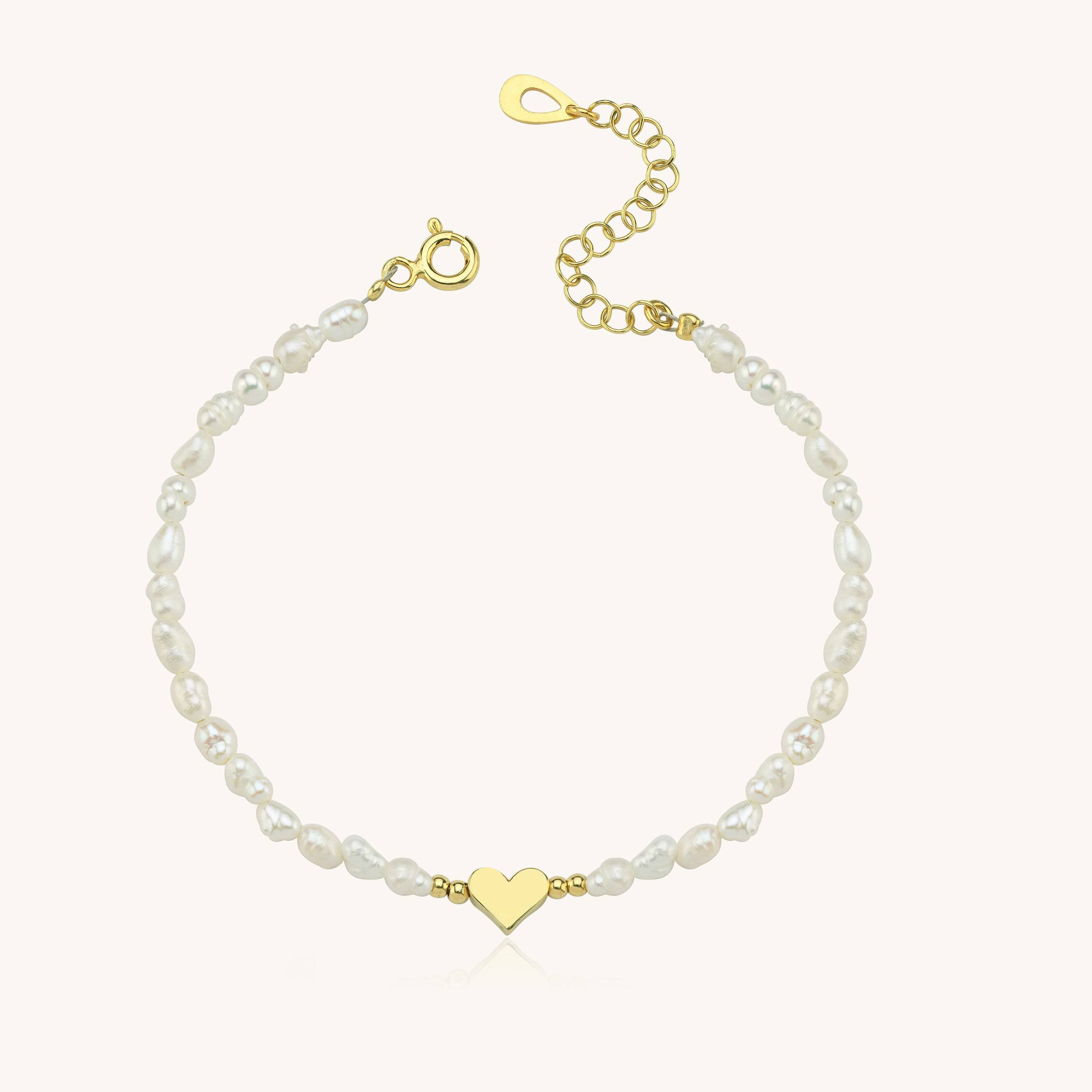 Gold Heart and Freshwater Pearl Bracelet – Elegant 925K Sterling Silver Jewelry
