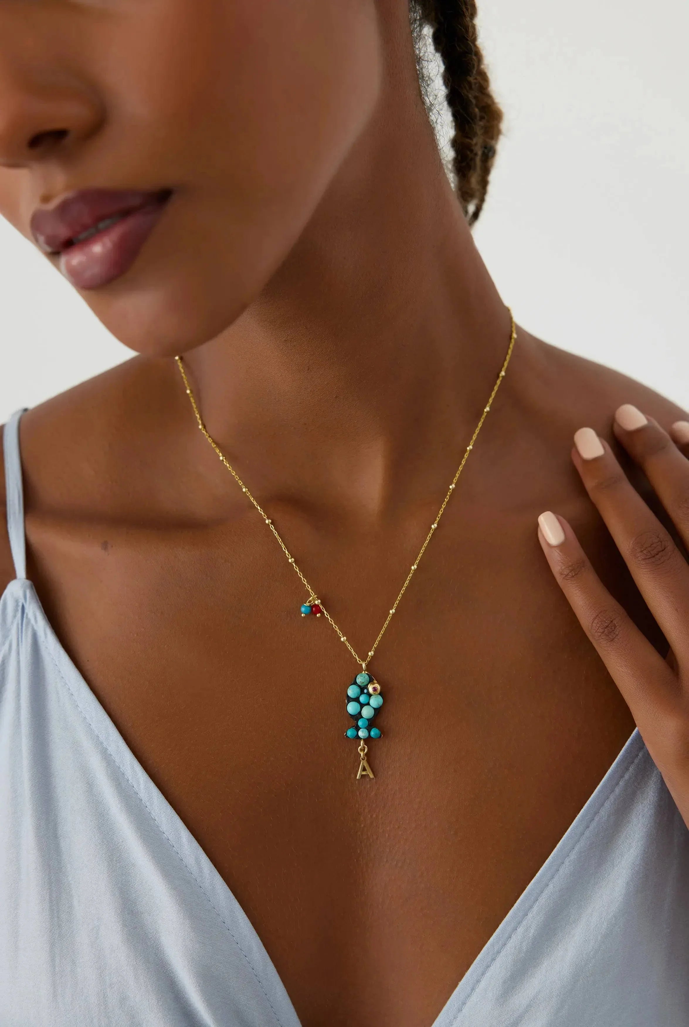 Turquoise Fish Necklace – 18K Gold-Plated Sterling Silver with Personalized Charm