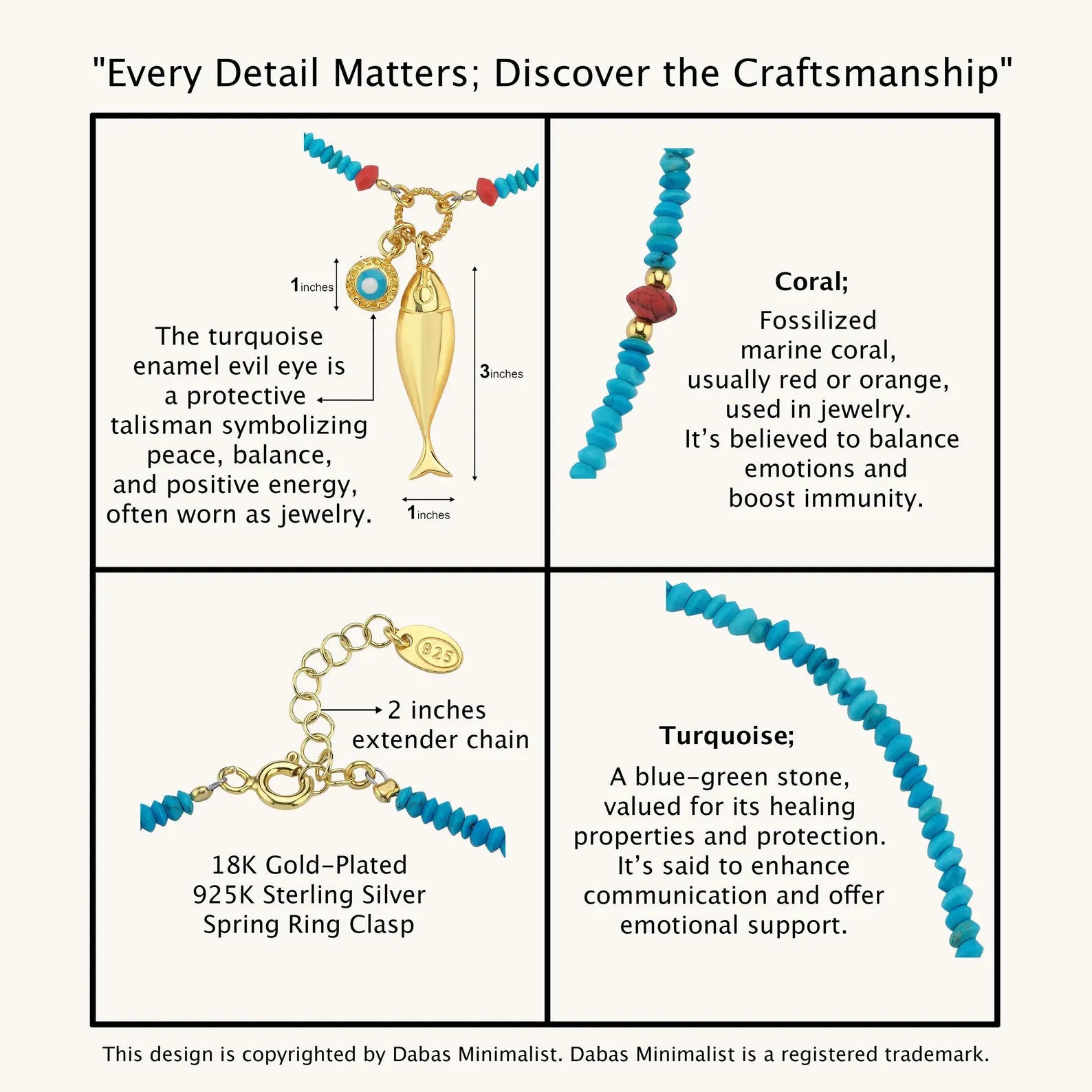 Turquoise Beaded Fish Charm Necklace – 18K Gold-Plated Sterling Silver